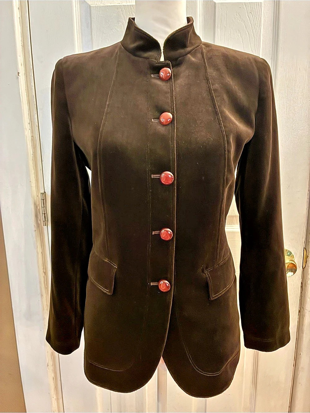 Vintage Giorgio Armani Brown Velvet Nehru Blazer Jacket Mandarin Collar Italy S